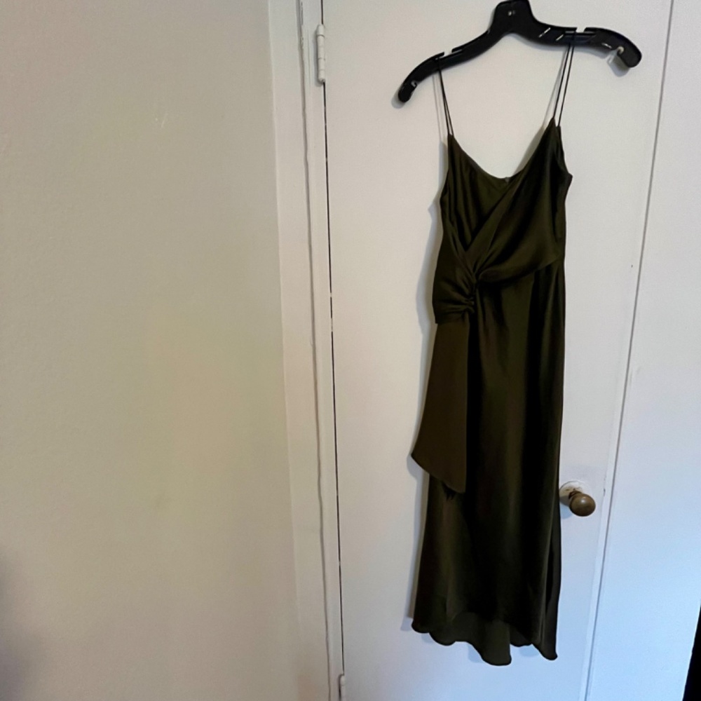 Karen Millen Satin Wrap Tie Waist Dress in Khaki